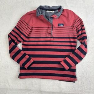 LL Bean Rugby Henley Collared Long Sleeve Striped Shirt Blue Red Men's Small